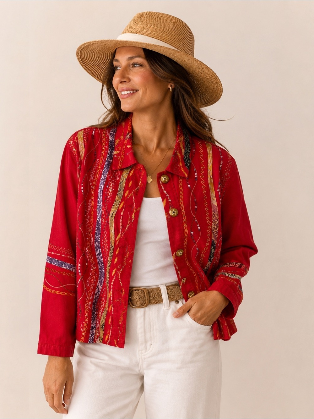 VTG Coldwater Creek Red Embroidered Button Front Jacket Blazer PM Petite Medium